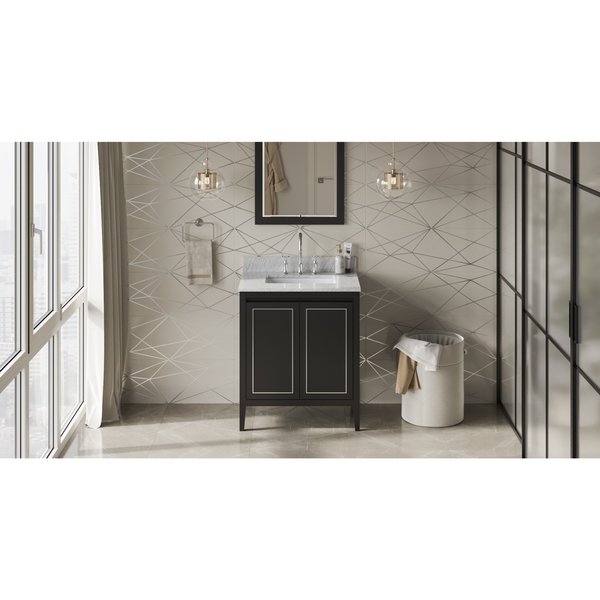 Jeffrey Alexander 30In. Black Percival Vanity, White Carrara Marble Vanity Top, Undermount Rectangle Bowl VKITPER30BKWCR